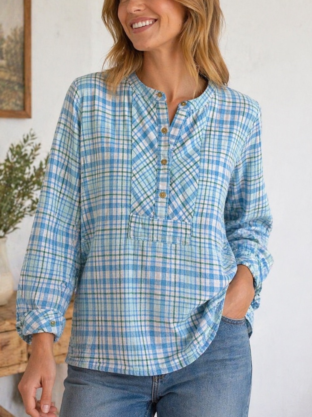 Vermont Country Store Blue Plaid Cotton Tunic Top Long Sleeve Size L Casual